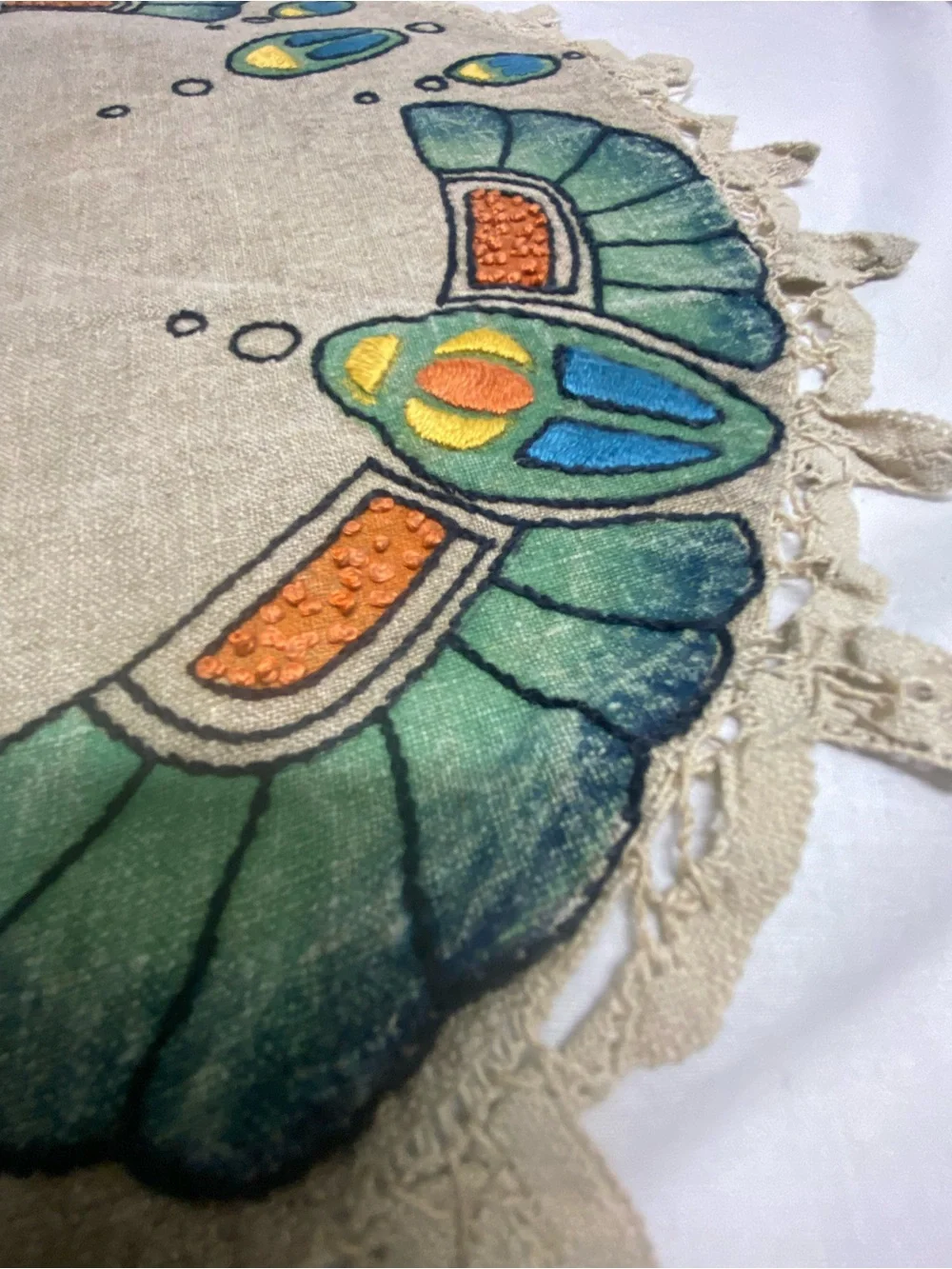 . Egyptian Revival Arts & Crafts Hand Crocheted Lace Linen 18” bird embroidered